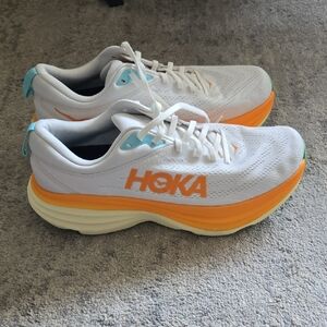 Hoka White and Orange Athletic Shoes Bondi 8
